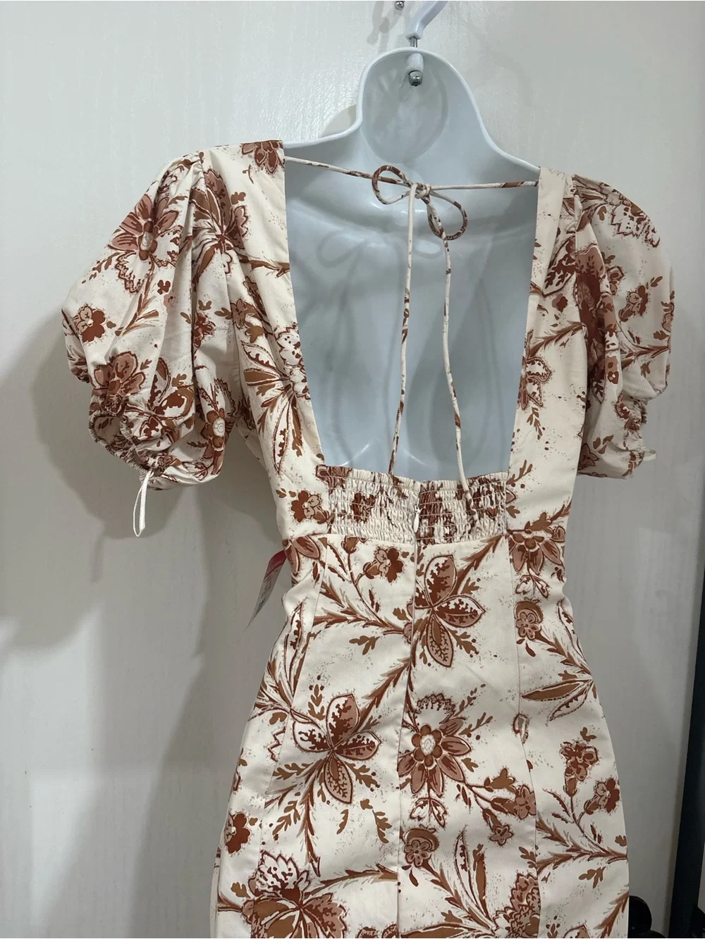 Bohemian cottagecore Ivory and Brown Floral V-Neck Puff Sleeve Dress